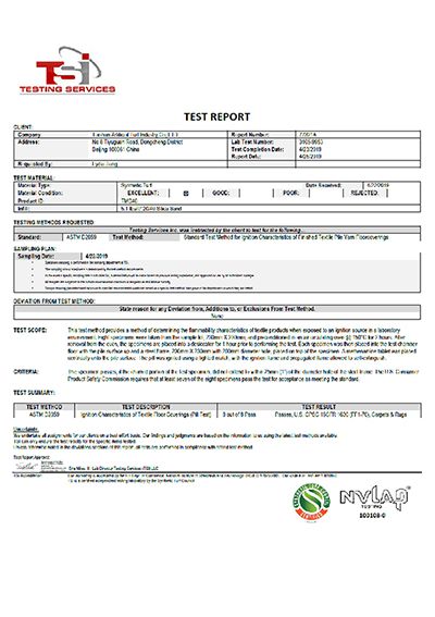 ASTM D2859 Pill Flammability TSI Test Report